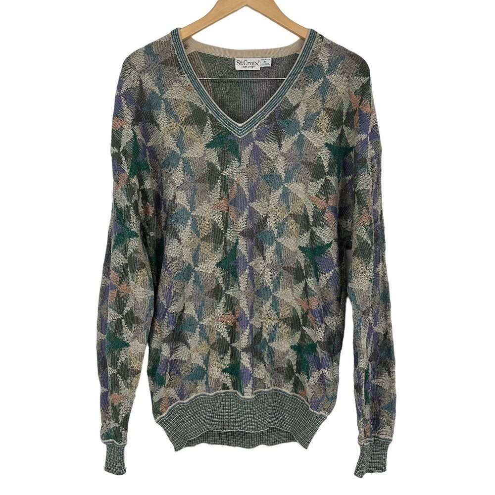 Vintage St. Croix Knits Sweater V-Neck Abstract‎ Geometric Purple Green Medium